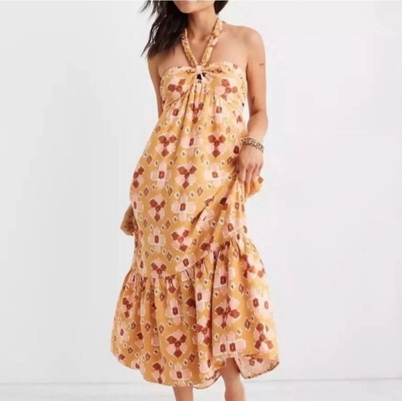 NWT Aerie Printed Halter Midi Dress Linen Size Large - Picture 1 of 7